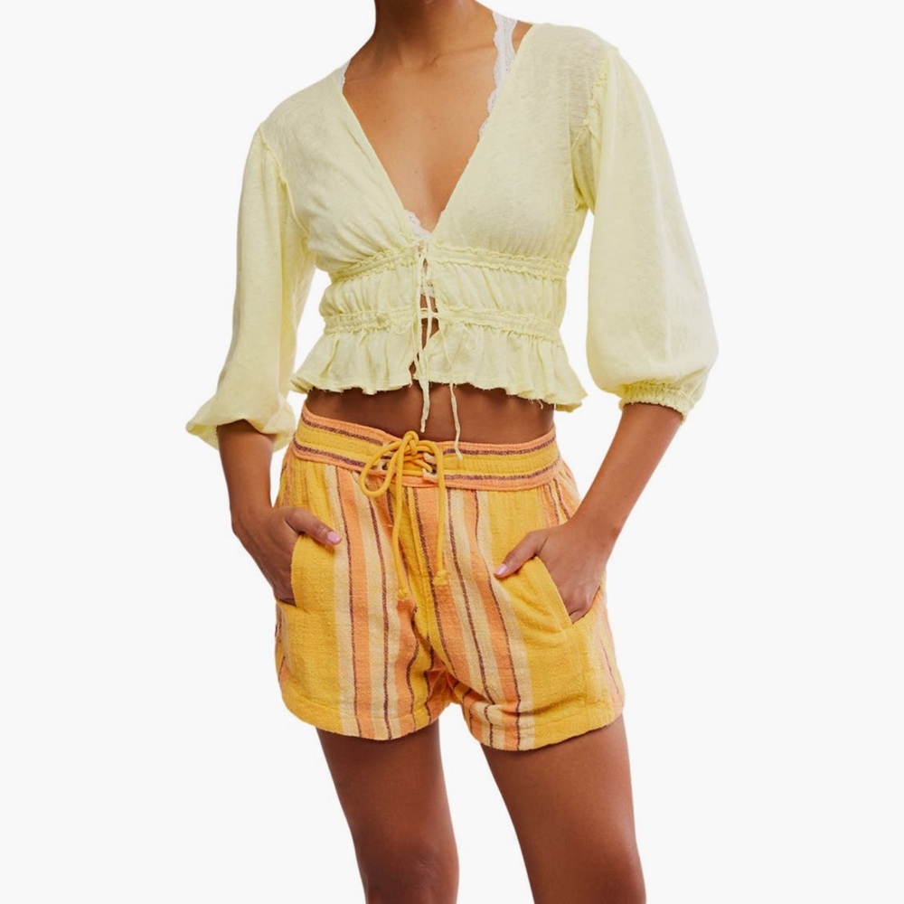 Free People Yellow Linen Blend Tie Front Top - Picture 9 of 14